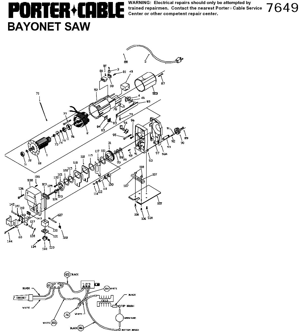 Default Diagram and Parts List for PC7649 Type 1 Porter Cable Jig Saw